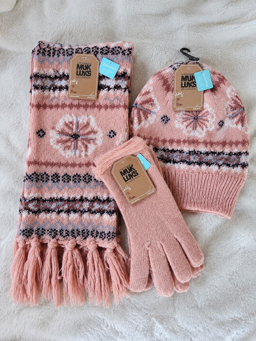 MUK LUKS Pink Fair Isle Winter Set